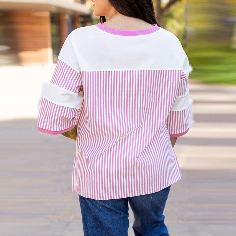 Striped Color Matching Short-sleeved T-shirt For Women