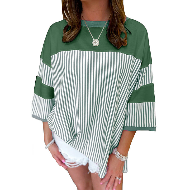 Striped Color Matching Short-sleeved T-shirt For Women