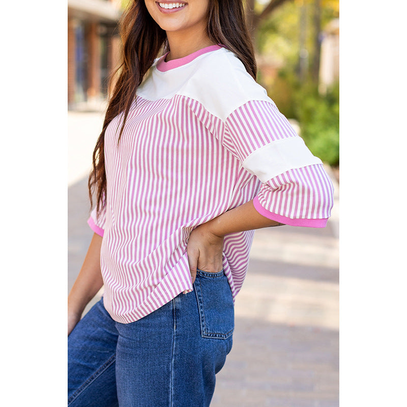 Striped Color Matching Short-sleeved T-shirt For Women